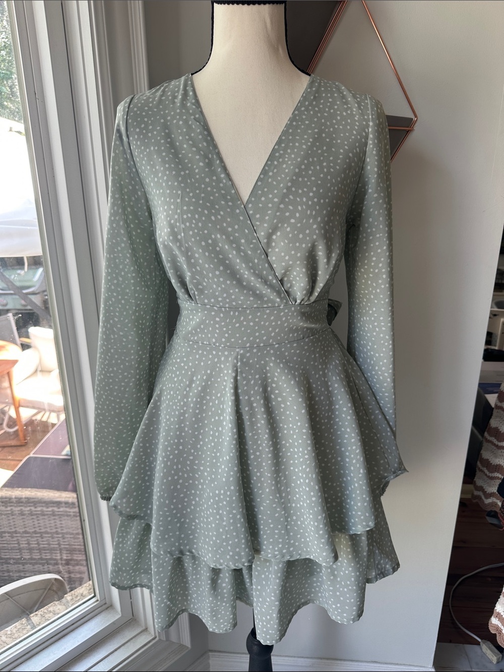 JAPNA Sage Green Polka Dot Faux Wrap Ruffle Dress Coquette V-Neck Size Small